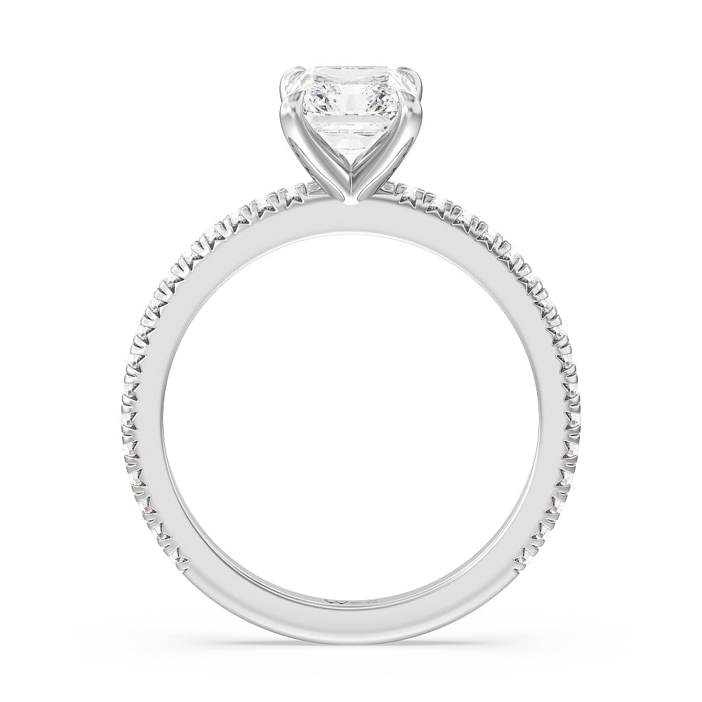 French Cut Pave Diamond Engagement Ring (1/4 CT) with Radiant Cut Diamond in 14KT Platinum view 2
