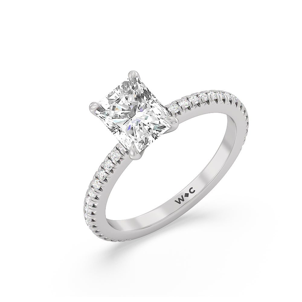French Cut Pave Diamond Engagement Ring (1/4 CT) with Radiant Cut Diamond in 14KT Platinum view 3
