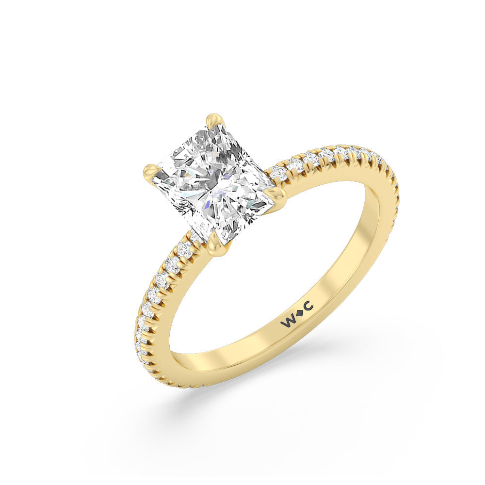 French Cut Pave Diamond Engagement Ring (1/4 CT) with Radiant Cut Diamond in 14KT Yellow Gold view 3
