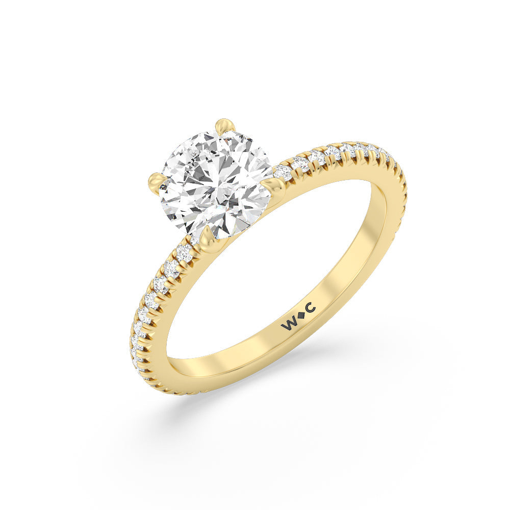 French Cut Pave Diamond Engagement Ring (1/4 CT) with Round Cut Diamond in 14KT Yellow Gold view 3
