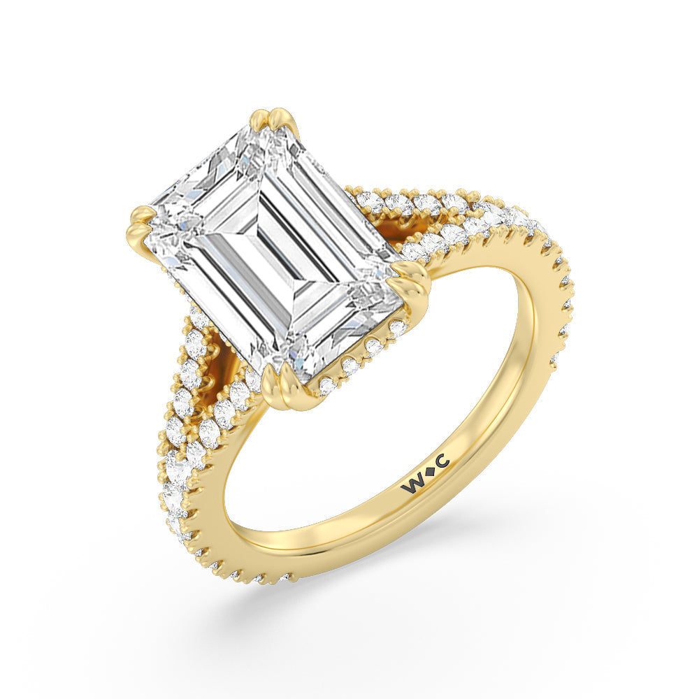 Emerald Cut Elegance Pave Split Shank Engagement Ring with Lab Grown Diamond in 14KT Yellow Gold view 3
