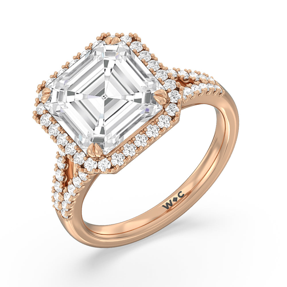 Asscher Cut Elegance Split Shank Halo Engagement Ring with Lab Grown Diamond in 14KT Rose Gold view 3
