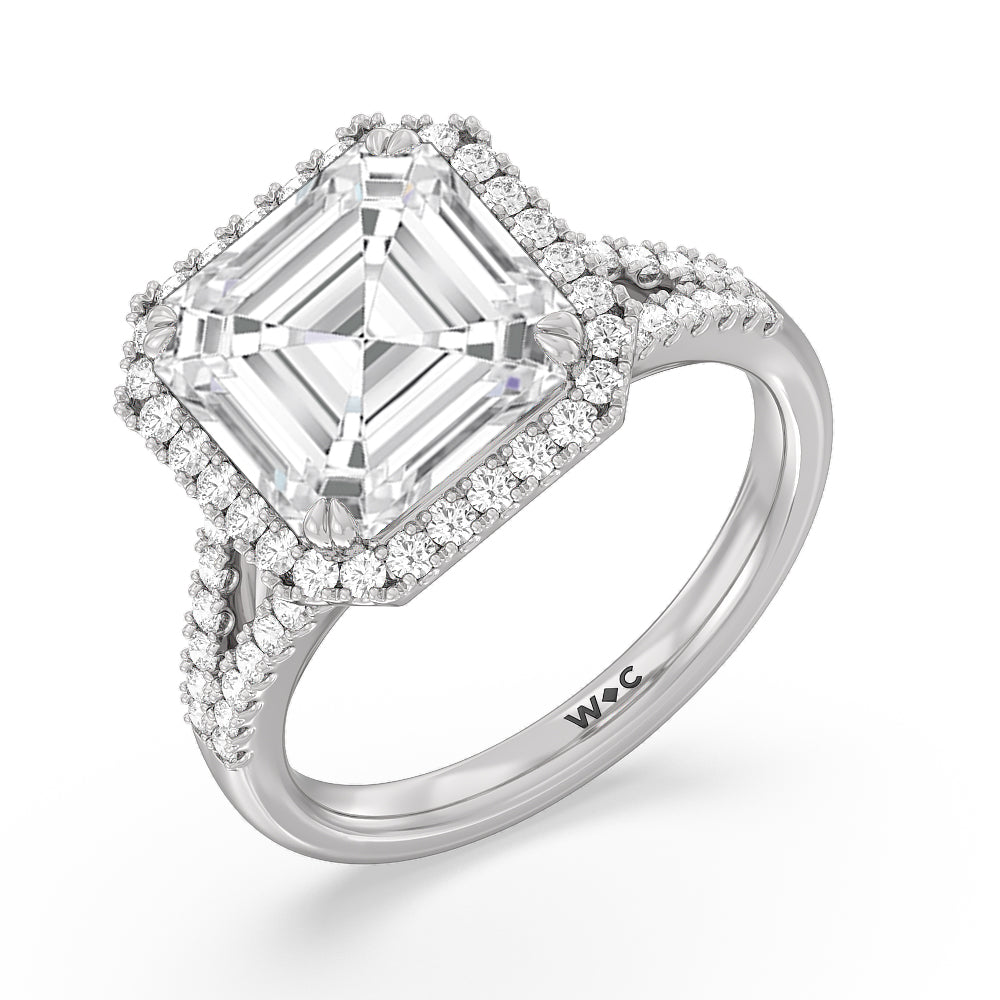 Asscher Cut Elegance Split Shank Halo Engagement Ring with Lab Grown Diamond in 14KT Platinum view 3
