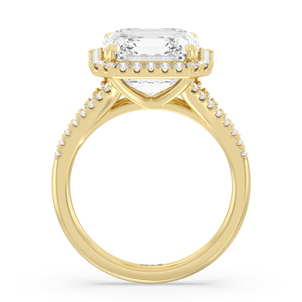 Asscher Cut Elegance Split Shank Halo Engagement Ring with Lab Grown Diamond in 14KT Yellow Gold view 2
