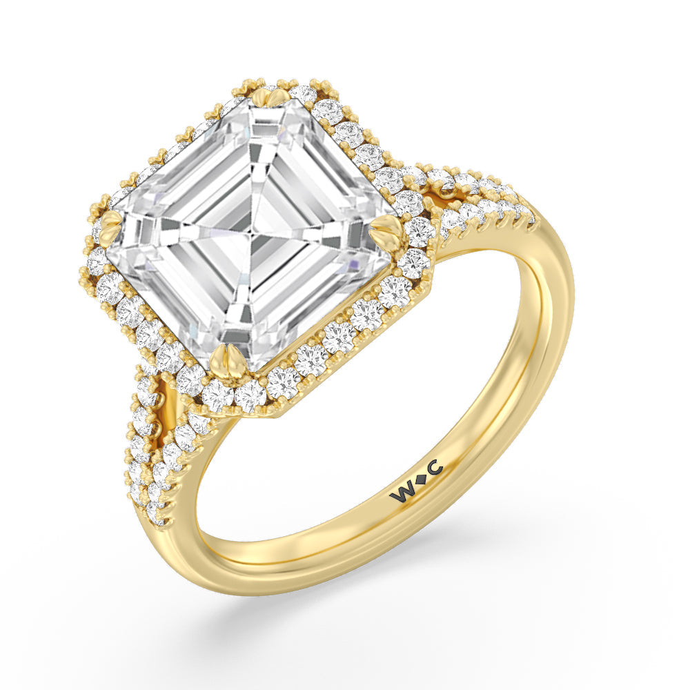 Asscher Cut Elegance Split Shank Halo Engagement Ring with Lab Grown Diamond in 14KT Yellow Gold view 3

