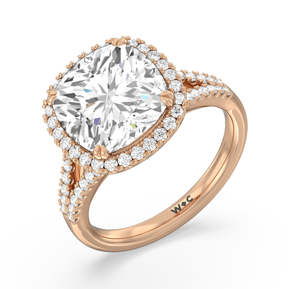 Cushion Cut Elegance Split Shank Halo Engagement Ring with Lab Grown Diamond in 14KT Rose Gold view 3
