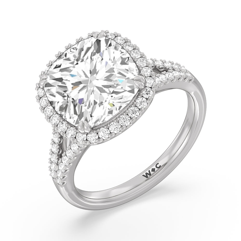 Cushion Cut Elegance Split Shank Halo Engagement Ring with Lab Grown Diamond in 14KT Platinum view 3
