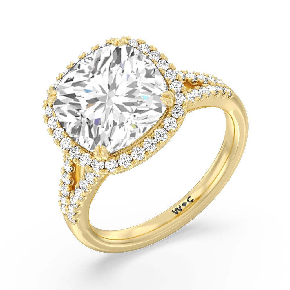 Cushion Cut Elegance Split Shank Halo Engagement Ring with Lab Grown Diamond in 14KT Yellow Gold view 3
