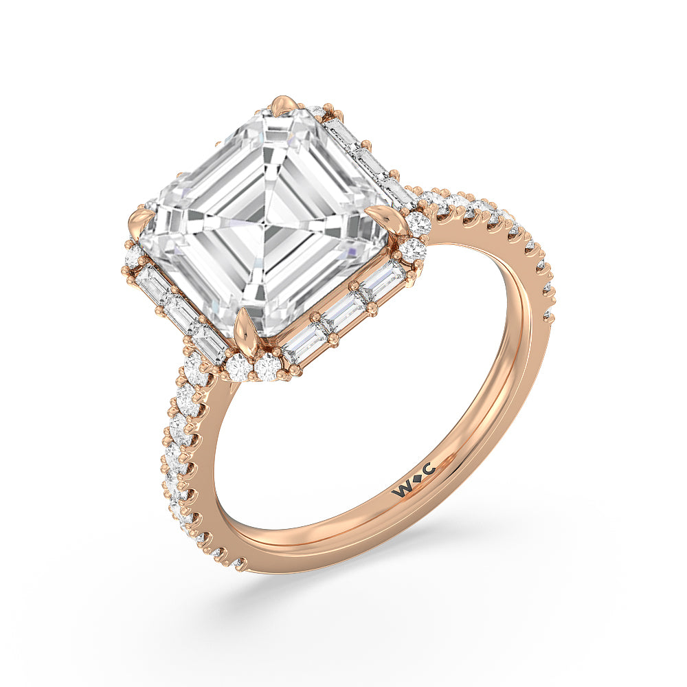 Asscher Cut Elegance Baguette Halo Pave Engagement Ring with Lab Grown Diamond in 14KT Rose Gold view 3
