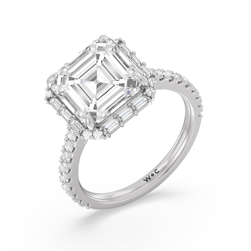 Asscher Cut Elegance Baguette Halo Pave Engagement Ring with Lab Grown Diamond in 14KT Platinum view 3
