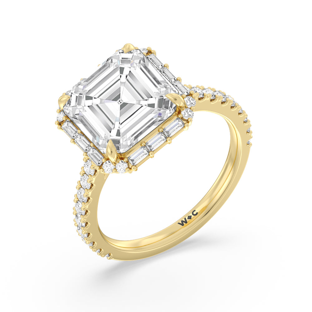 Asscher Cut Elegance Baguette Halo Pave Engagement Ring with Lab Grown Diamond in 14KT Yellow Gold view 3
