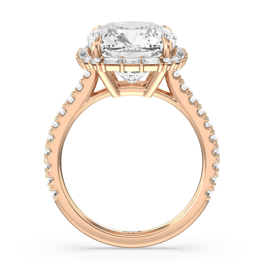 Cushion Cut Elegance Baguette Halo Pave Engagement Ring with Lab Grown Diamond in 14KT Rose Gold view 2
