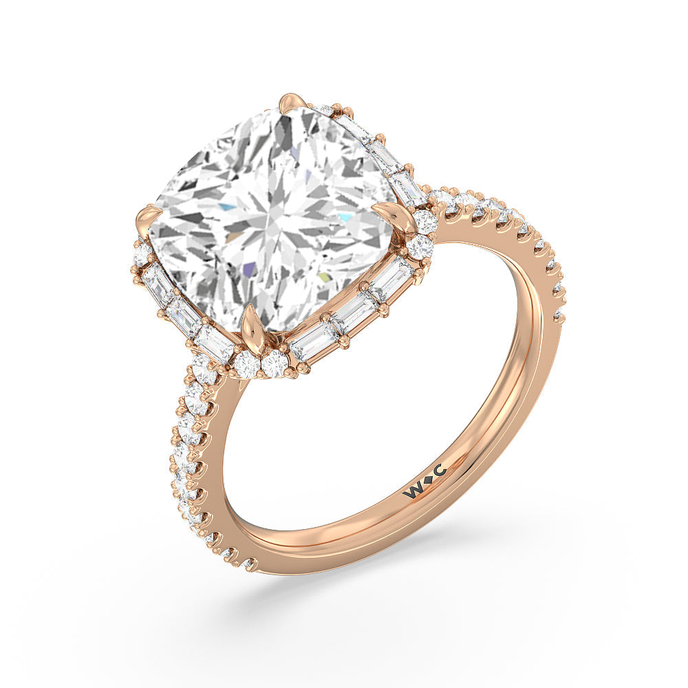 Cushion Cut Elegance Baguette Halo Pave Engagement Ring with Lab Grown Diamond in 14KT Rose Gold view 3
