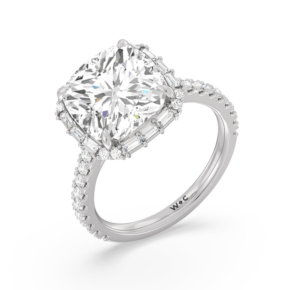 Cushion Cut Elegance Baguette Halo Pave Engagement Ring with Lab Grown Diamond in 14KT Platinum view 3
