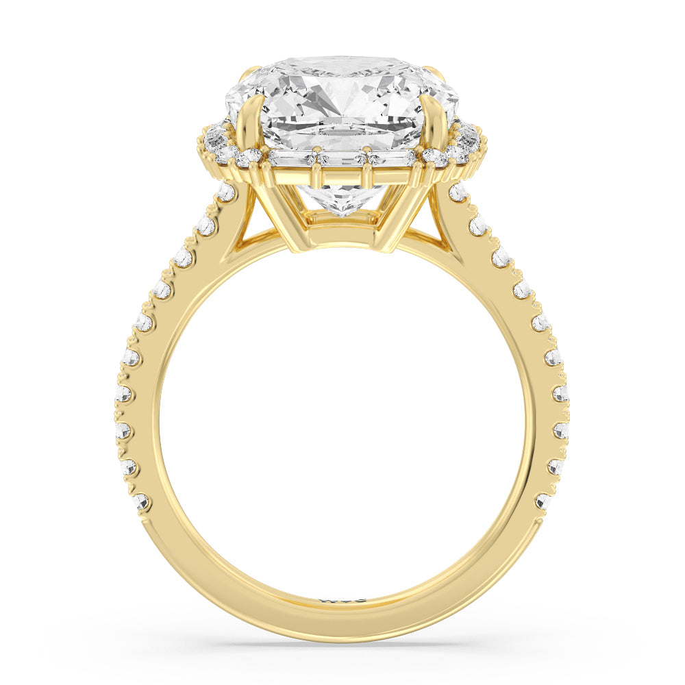 Cushion Cut Elegance Baguette Halo Pave Engagement Ring with Lab Grown Diamond in 14KT Yellow Gold view 2
