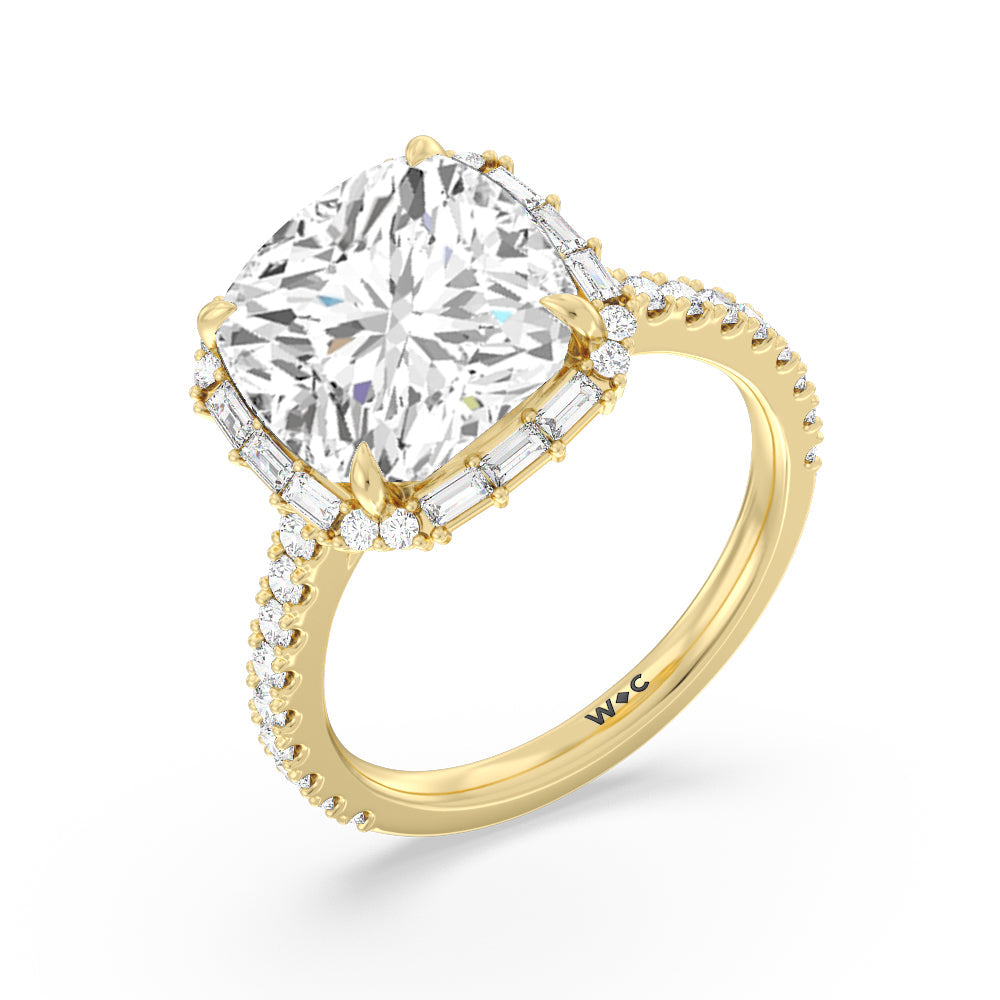 Cushion Cut Elegance Baguette Halo Pave Engagement Ring with Lab Grown Diamond in 14KT Yellow Gold view 3
