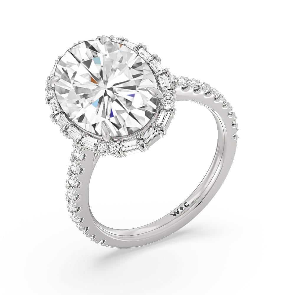 Oval Cut Elegance Baguette Halo Pave Engagement Ring with Lab Grown Diamond in 14KT Platinum view 3

