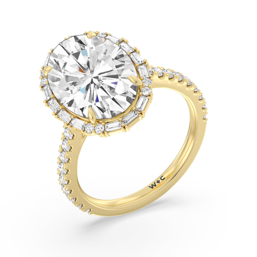 Oval Cut Elegance Baguette Halo Pave Engagement Ring with Lab Grown Diamond in 14KT Yellow Gold view 3
