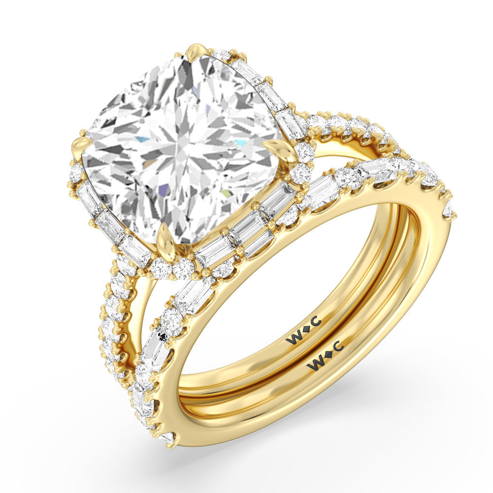 Elegance Baguette Halo Pave Diamond Wedding Band with 18KT Yellow Gold Cut Diamond in 14KT Yellow Gold view 3

