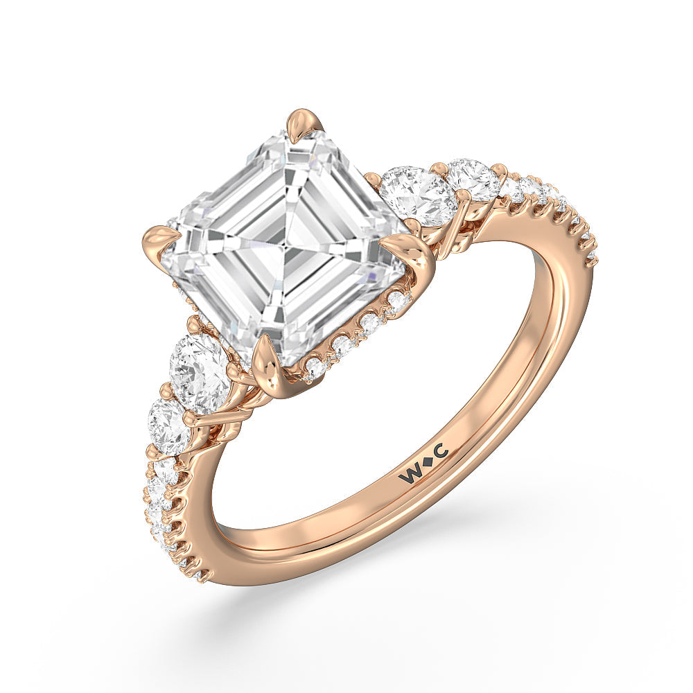Asscher Cut Elegance Side-Stone with Hidden Halo Engagement Ring with Lab Grown Diamond in 14KT Rose Gold view 3
