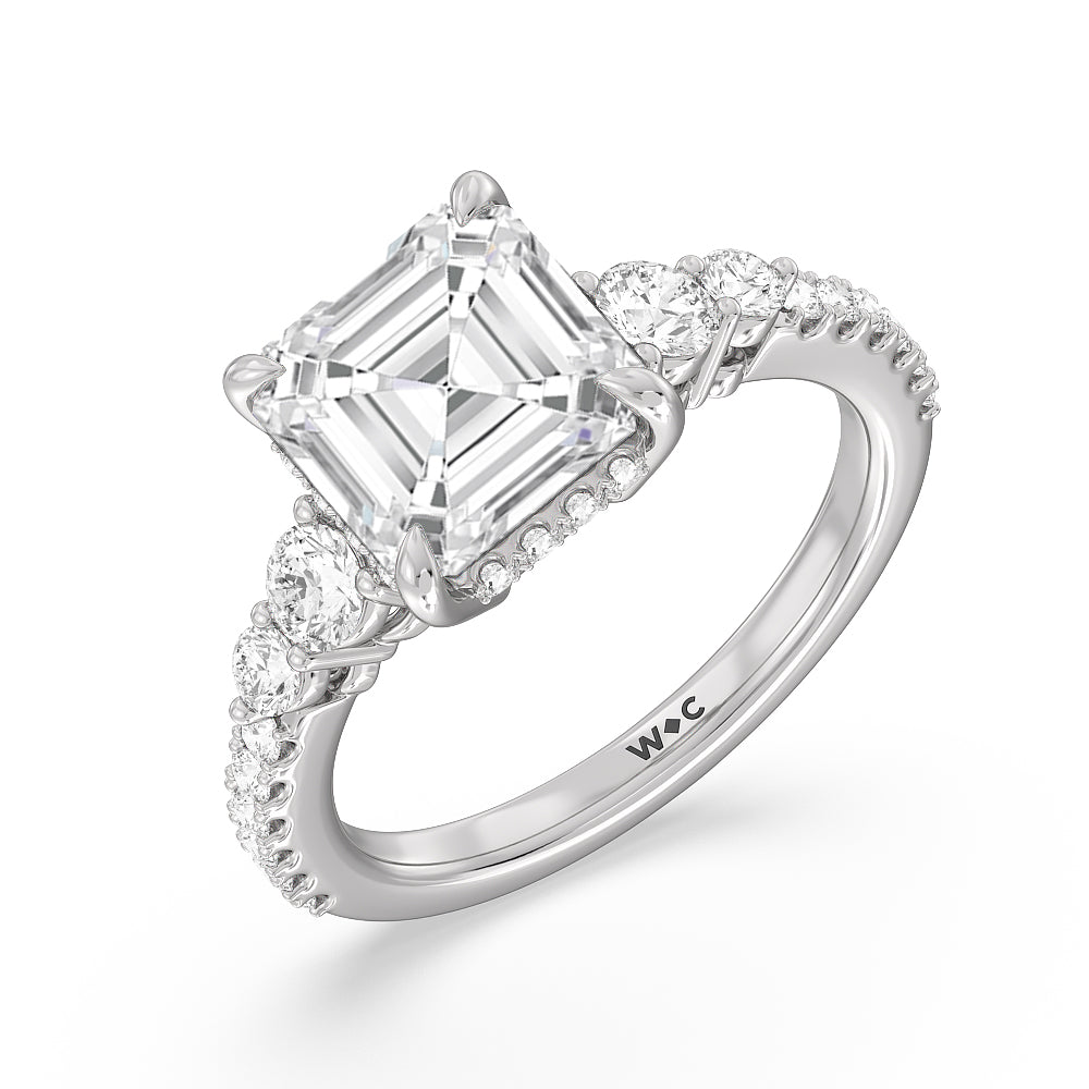 Asscher Cut Elegance Side-Stone with Hidden Halo Engagement Ring with Lab Grown Diamond in 14KT Platinum view 3
