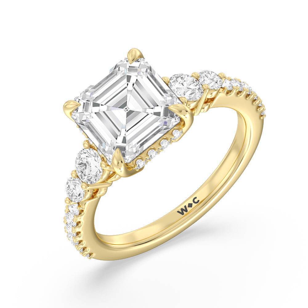 Asscher Cut Elegance Side-Stone with Hidden Halo Engagement Ring with Lab Grown Diamond in 14KT Yellow Gold view 3
