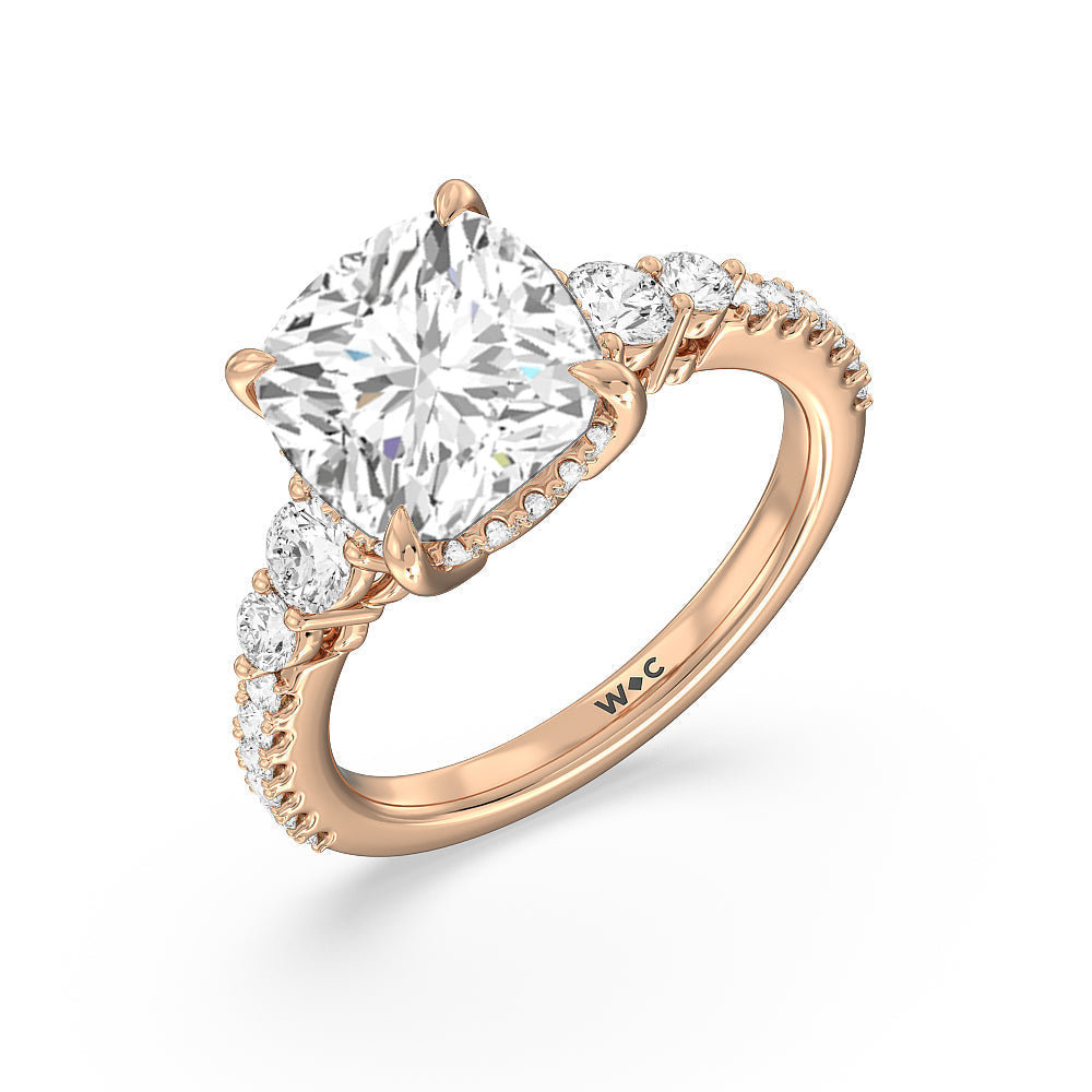 Cushion Cut Elegance Side-Stone with Hidden Halo Engagement Ring with Lab Grown Diamond in 14KT Rose Gold view 3
