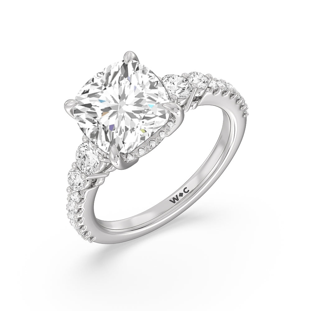 Cushion Cut Elegance Side-Stone with Hidden Halo Engagement Ring with Lab Grown Diamond in 14KT Platinum view 3
