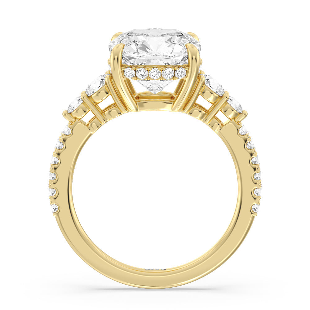 Cushion Cut Elegance Side-Stone with Hidden Halo Engagement Ring with Lab Grown Diamond in 14KT Yellow Gold view 2
