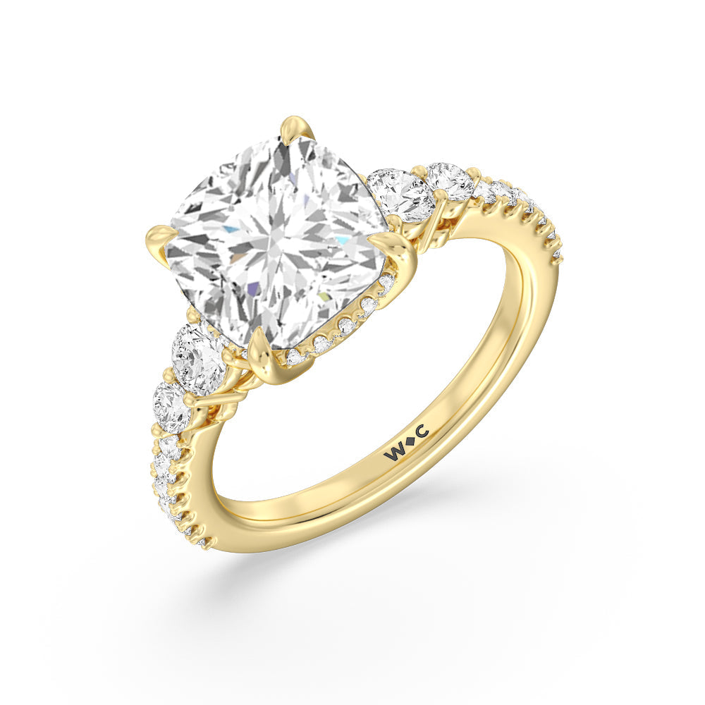 Cushion Cut Elegance Side-Stone with Hidden Halo Engagement Ring with Lab Grown Diamond in 14KT Yellow Gold view 3
