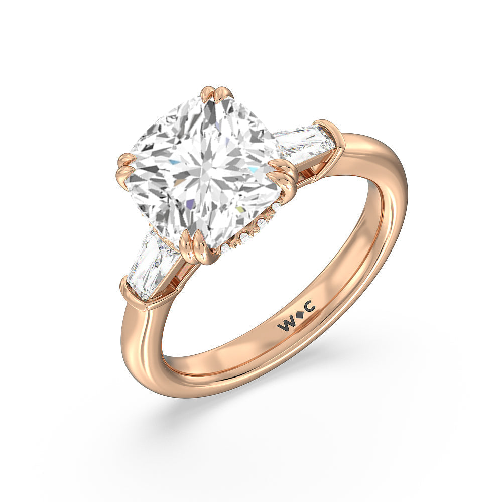 Cushion Cut Elegance Baguette Side Stone Engagement Ring with Lab Grown Diamond in 14KT Rose Gold view 3
