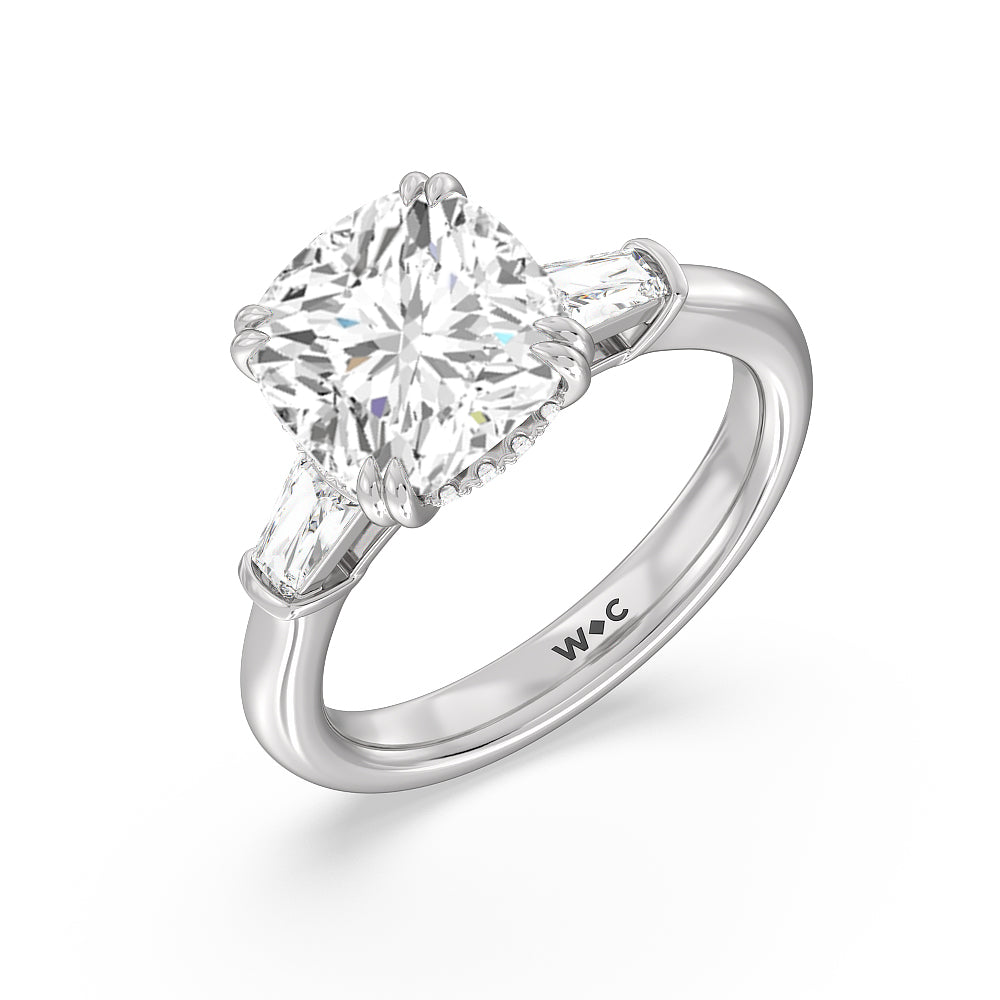 Cushion Cut Elegance Baguette Side Stone Engagement Ring with Lab Grown Diamond in 14KT Platinum view 3
