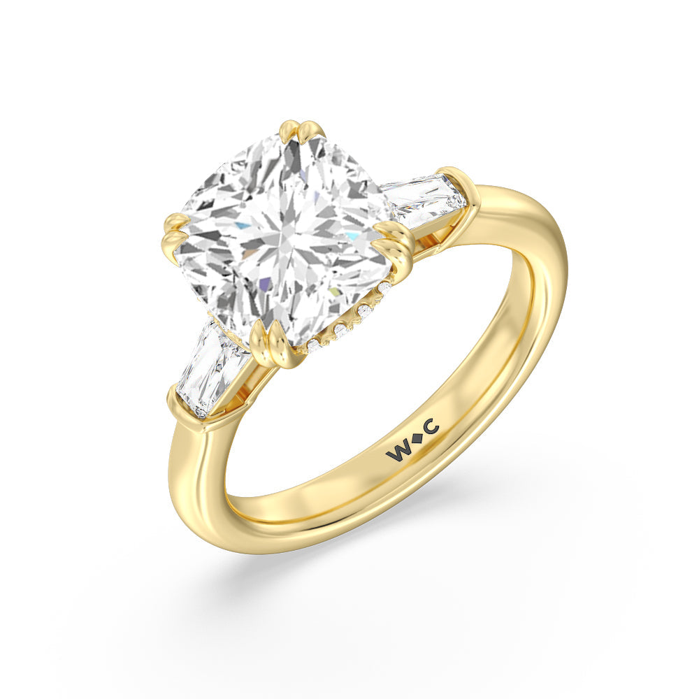 Cushion Cut Elegance Baguette Side Stone Engagement Ring with Lab Grown Diamond in 14KT Yellow Gold view 3
