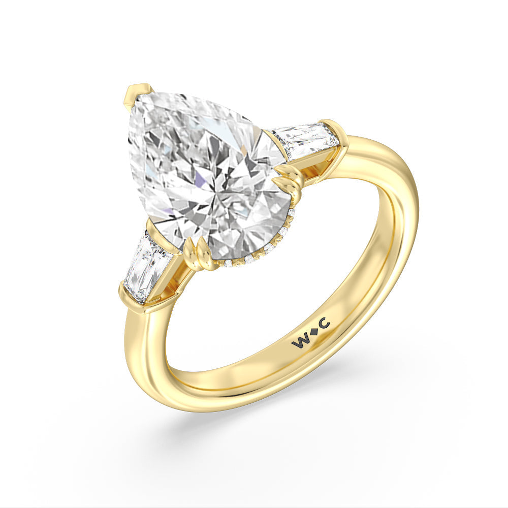 Pear Cut Elegance Baguette Side Stone Engagement Ring with Lab Grown Diamond in 14KT Yellow Gold view 3
