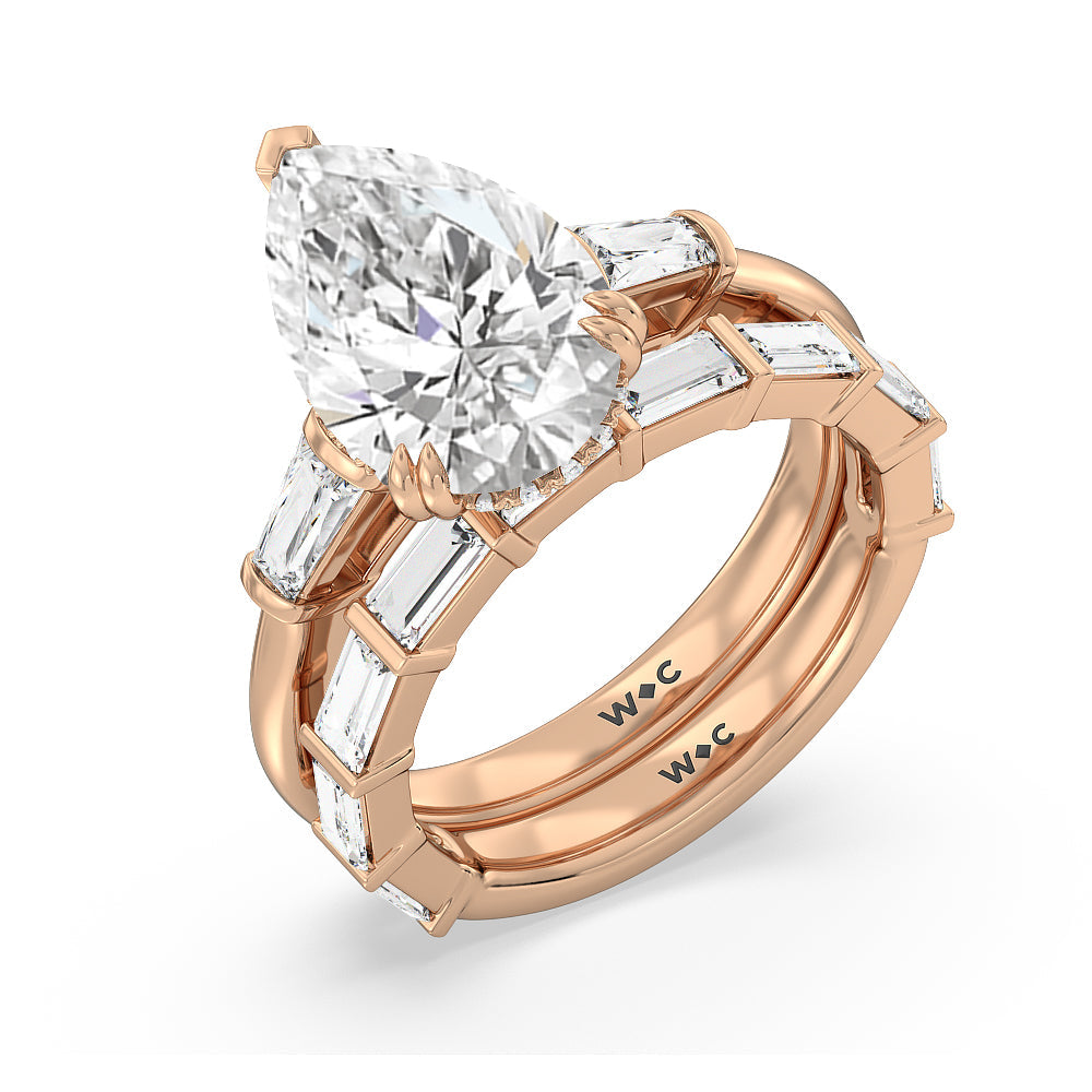 Elegance Baguette Side Stone Diamond Wedding Band with 18KT Rose Gold Cut Diamond in 14KT Rose Gold view 3
