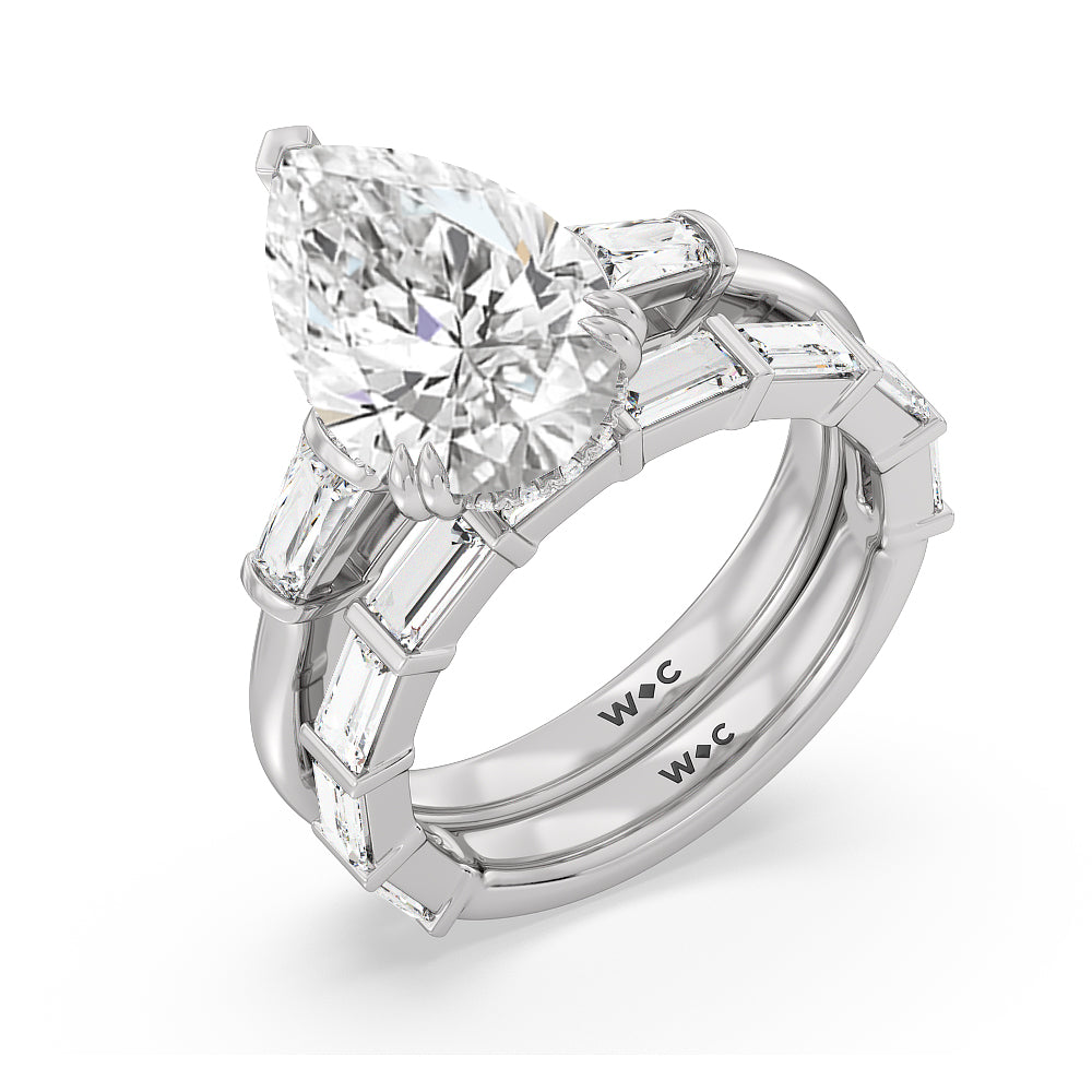 Elegance Baguette Side Stone Diamond Wedding Band with 18KT White Gold Cut Diamond in 14KT White Gold view 3
