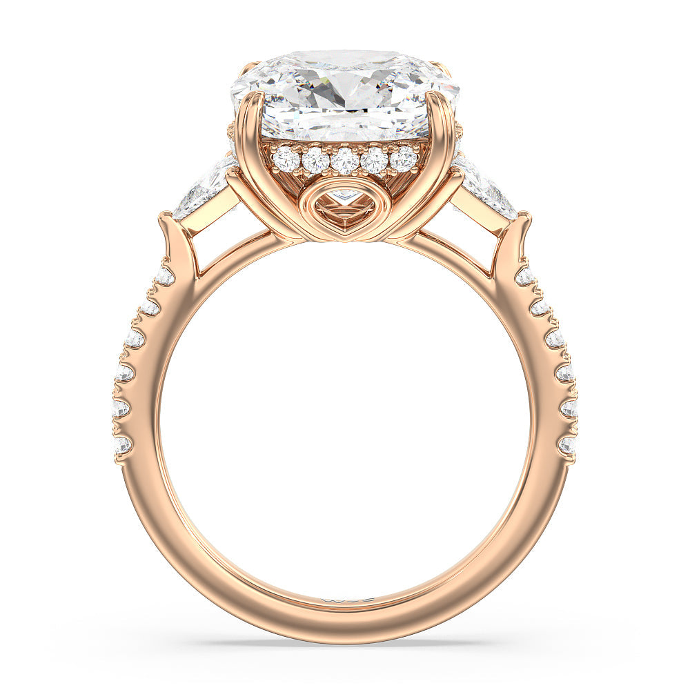 Cushion Cut Elegance Trillion Diamond Three Stone Engagement Ring with Lab Grown Diamond in 14KT Rose Gold view 2
