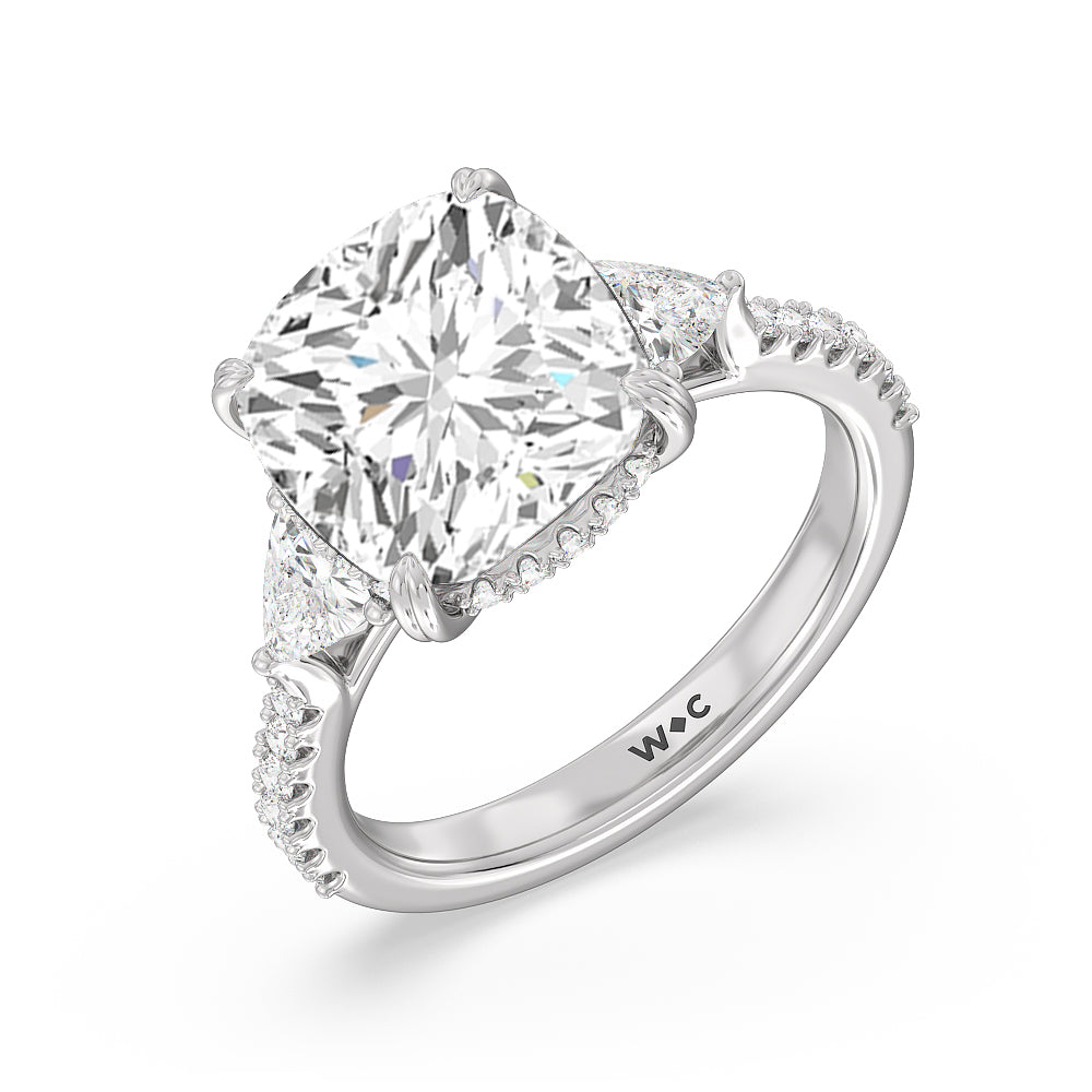 Cushion Cut Elegance Trillion Diamond Three Stone Engagement Ring with Lab Grown Diamond in 14KT Platinum view 3
