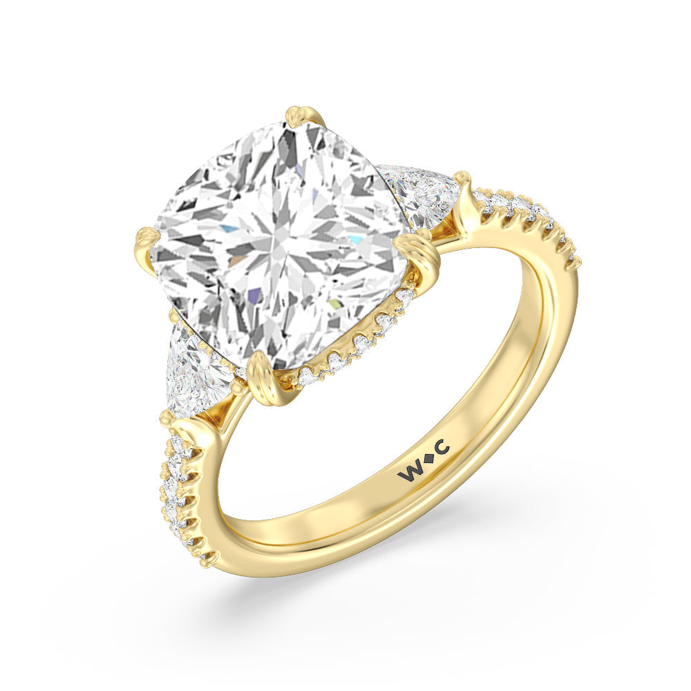 Cushion Cut Elegance Trillion Diamond Three Stone Engagement Ring with Lab Grown Diamond in 14KT Yellow Gold view 3
