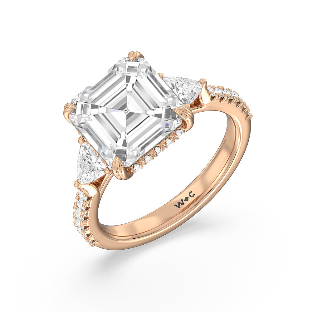 Asscher Cut Elegance Trillion Diamond Three Stone Engagement Ring with Lab Grown Diamond in 14KT Rose Gold view 3
