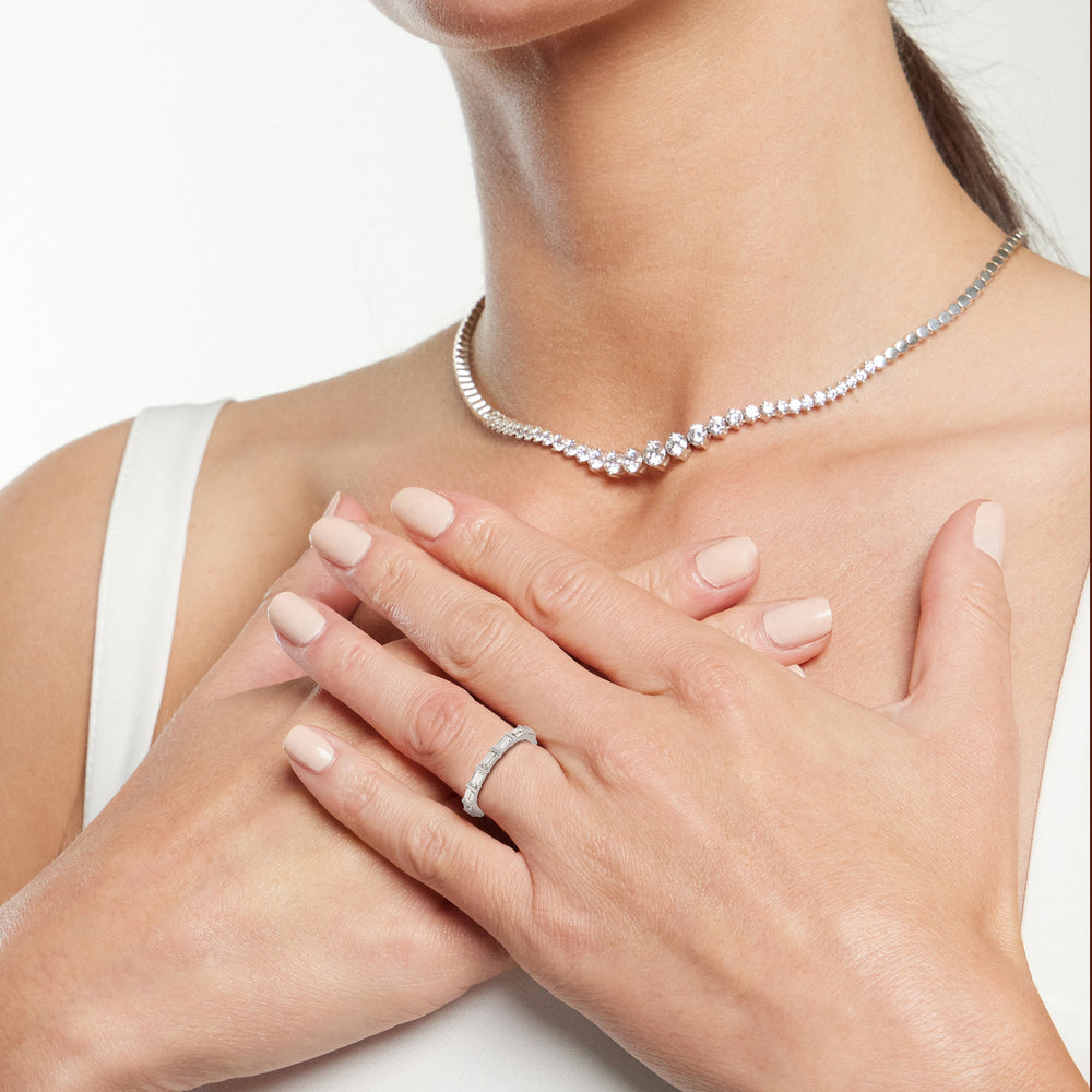 Model Wearing Elegance Twin Baguette Side Stone Diamond Wedding Band view