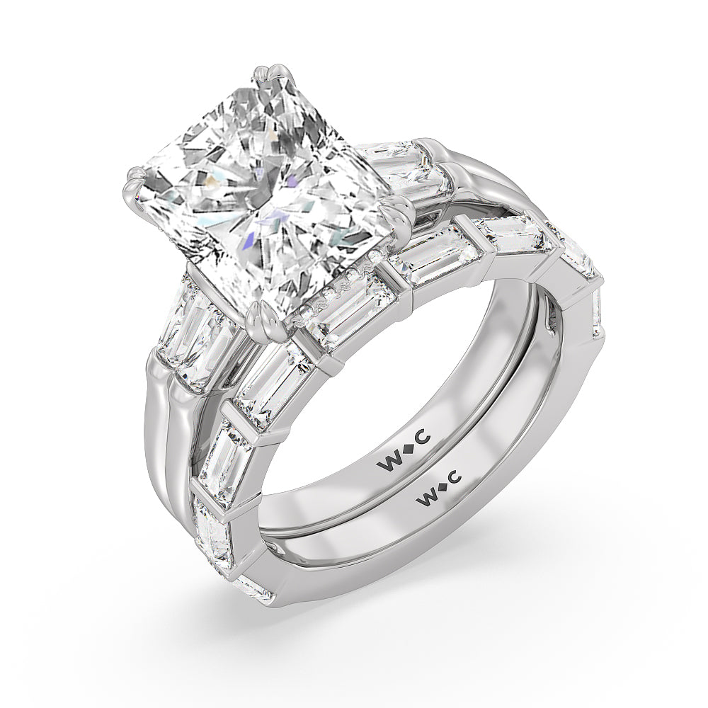 Elegance Twin Baguette Side Stone Diamond Wedding Band with 18KT White Gold Cut Diamond in 14KT White Gold view 3
