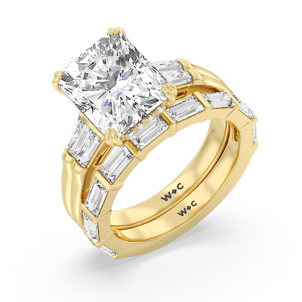 Elegance Twin Baguette Side Stone Diamond Wedding Band with 18KT Yellow Gold Cut Diamond in 14KT Yellow Gold view 3
