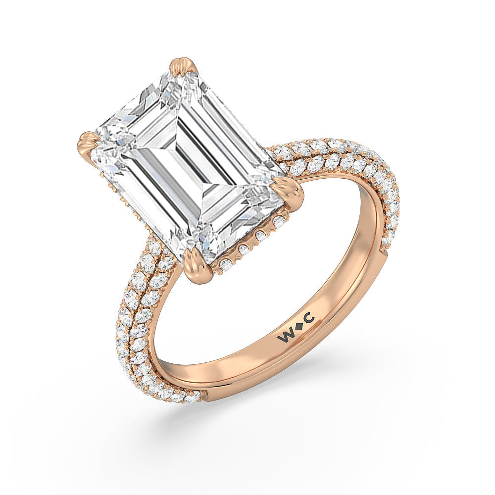 Emerald Cut Elegance Diamond Studded Gallery Hidden Halo Engagement Ring with Lab Grown Diamond in 14KT Rose Gold view 3
