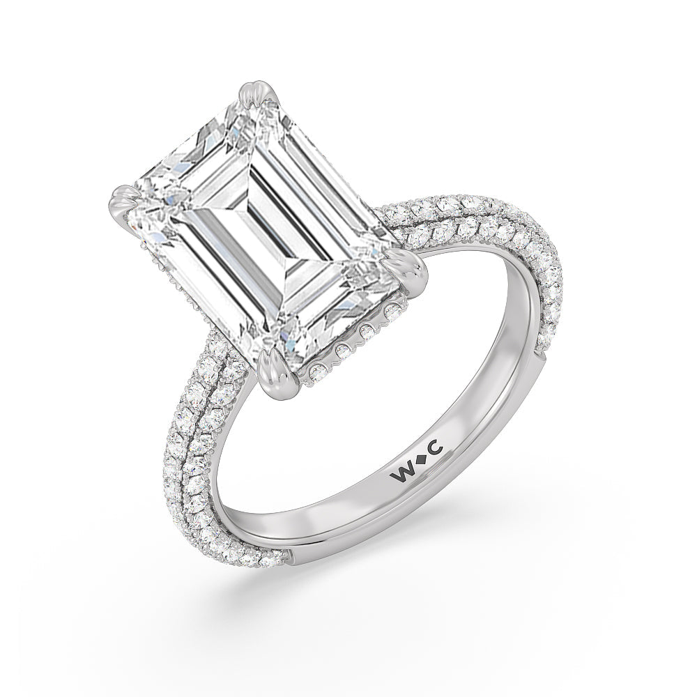 Emerald Cut Elegance Diamond Studded Gallery Hidden Halo Engagement Ring with Lab Grown Diamond in 14KT Platinum view 3
