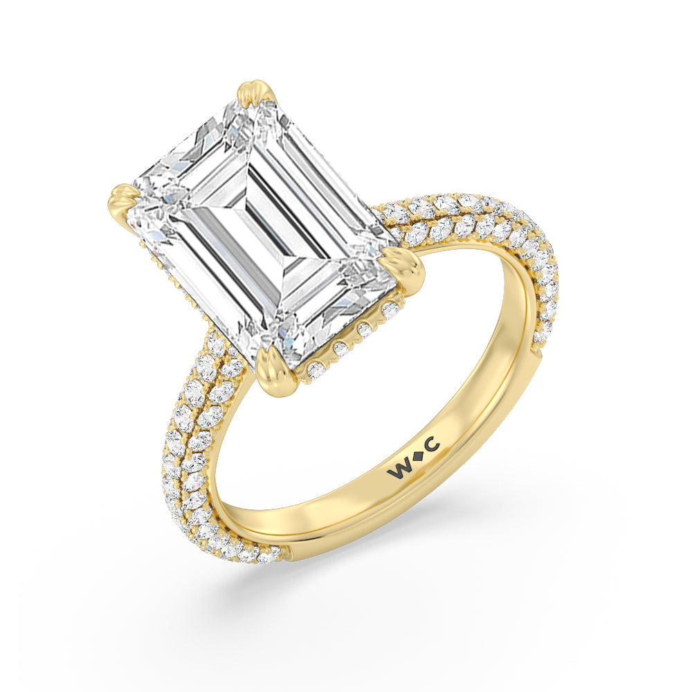 Emerald Cut Elegance Diamond Studded Gallery Hidden Halo Engagement Ring with Lab Grown Diamond in 14KT Yellow Gold view 3
