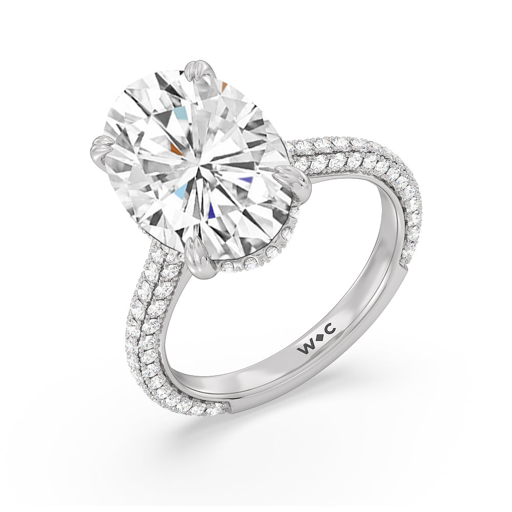 Oval Cut Elegance Diamond Studded Gallery Hidden Halo Engagement Ring with Lab Grown Diamond in 14KT Platinum view 3
