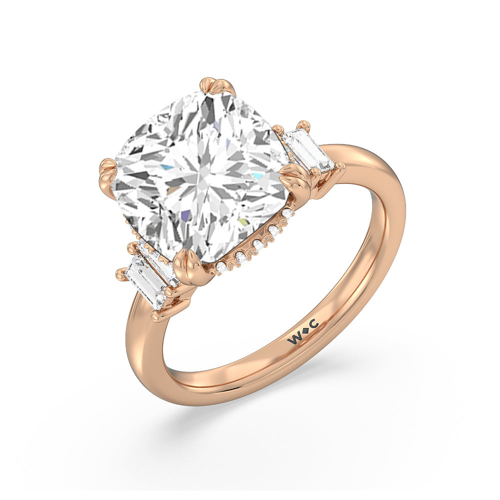 Cushion Cut Elegance Emerald Cut Side Stone Engagement Ring with Lab Grown Diamond in 14KT Rose Gold view 3
