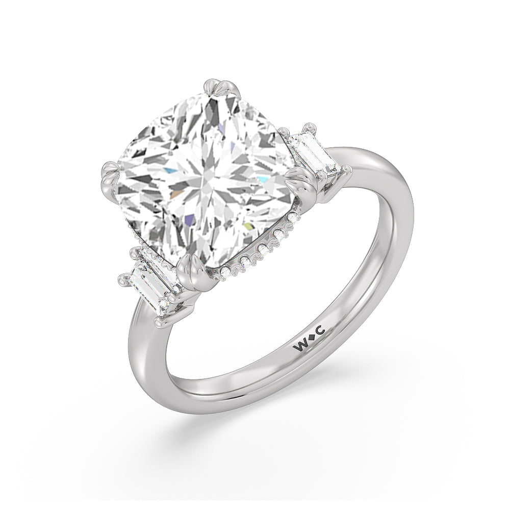 Cushion Cut Elegance Emerald Cut Side Stone Engagement Ring with Lab Grown Diamond in 14KT Platinum view 3
