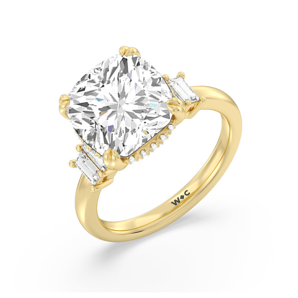 Cushion Cut Elegance Emerald Cut Side Stone Engagement Ring with Lab Grown Diamond in 14KT Yellow Gold view 3
